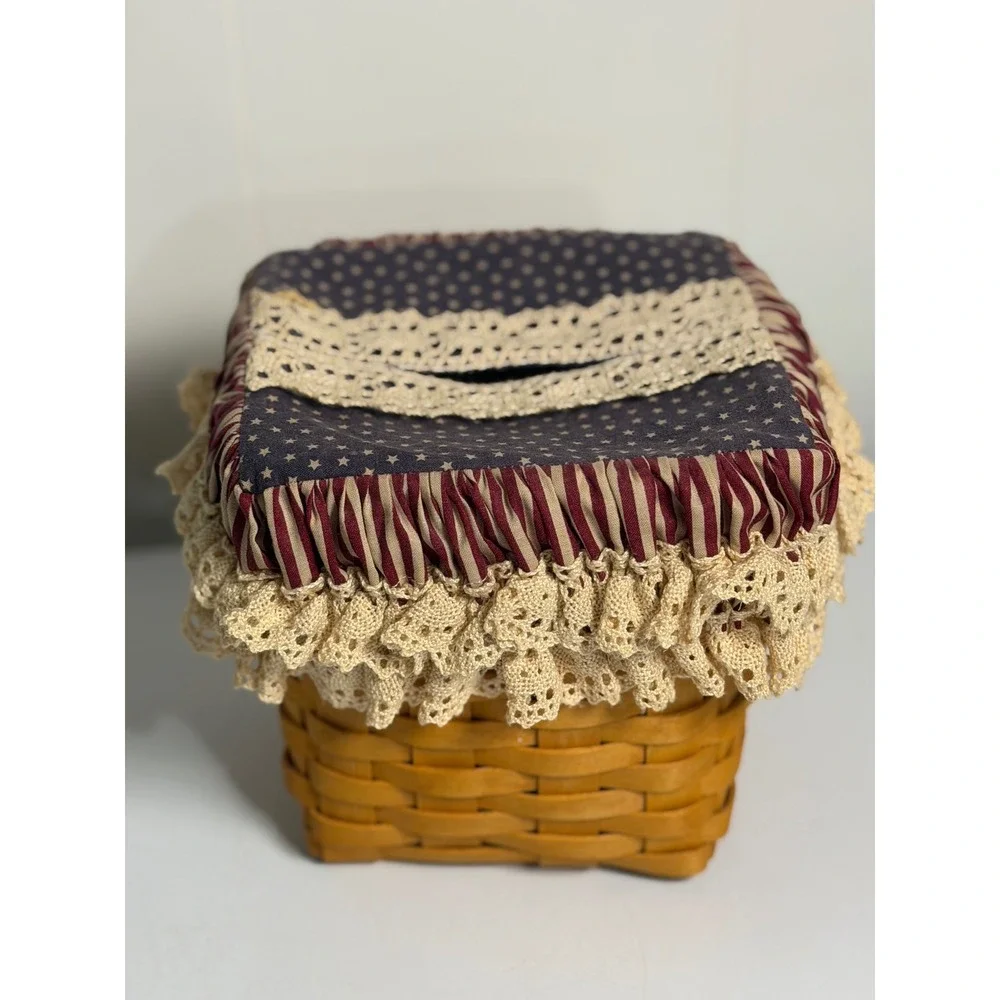 Longaberger Tissue Basket Brown Woven Wood Americana Patriotic Fabric Lace Cover